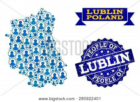 People Composition Of Blue Population Map Of Lublin Province And Grunge Stamp. Vector Seal With Grun