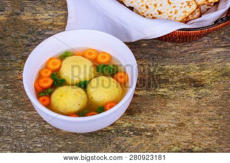 Jewish Passover Hot Homemade Matzo Ball Soup In A Bowl