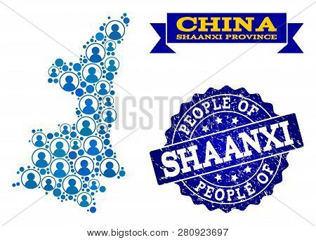People Composition Of Blue Population Map Of Shaanxi Province And Unclean Seal. Vector Seal With Gru