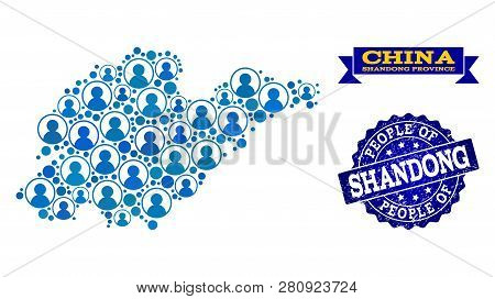 People Collage Of Blue Population Map Of Shandong Province And Grunge Seal Stamp. Vector Seal With C
