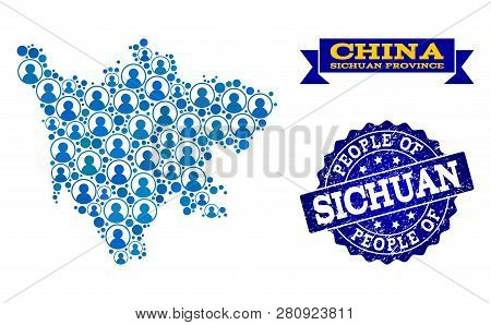 People Combination Of Blue Population Map Of Sichuan Province And Scratched Seal. Vector Seal With S