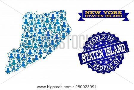 People Combination Of Blue Population Map Of Staten Island And Rubber Seal Stamp. Vector Seal With S