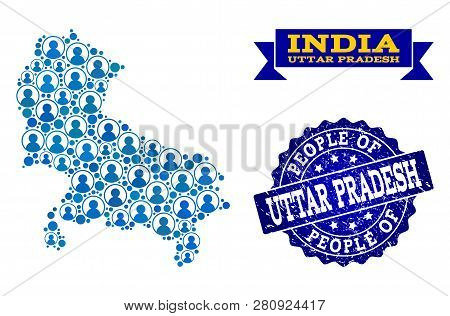 People Combination Of Blue Population Map Of Uttar Pradesh State And Unclean Seal. Vector Seal With 