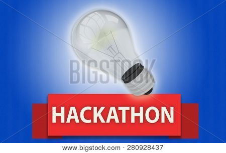 Colorful Hackathon Concept With Red Text Banner And 3d Rendered Domestic Light Bulb, Isolated With A