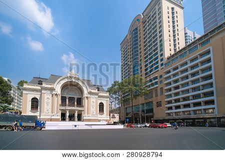 Ho Chi Minh City, Vietnam, 01 2019: Sai Gon Opera House Or Greco Roman Woman Statues Old Opera House