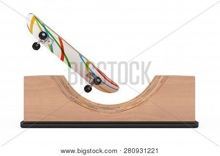 Modern Skateboard With Wooden Halfpipe Ramp On A White Background. 3d Rendering