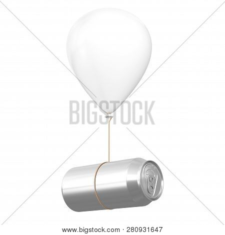 Blank Aluminum Can Floating With White Hellium Balloon On A White Background. 3d Rendering