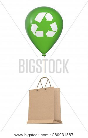 Brown Recycled Paper Shopping Bag Floating With Green Hellium Balloon With Recycle Sign On A White B