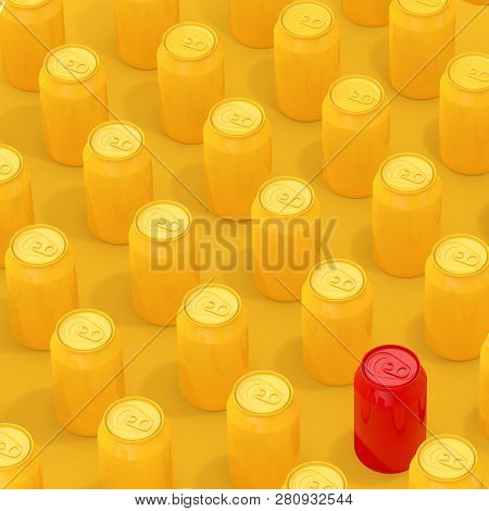 Rows Of Yellow Isometric Blank Aluminum Drink Cans With One Red On A Yellow Background. 3d Rendering