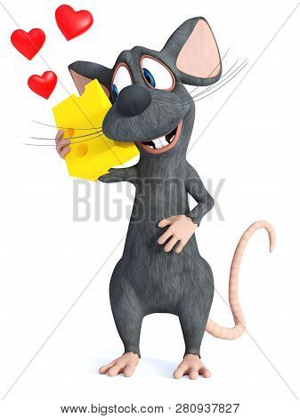 3d Rendering Of A Cute Smiling Cartoon Mouse Holding A Piece Of Cheese And Looking At It With Love. 