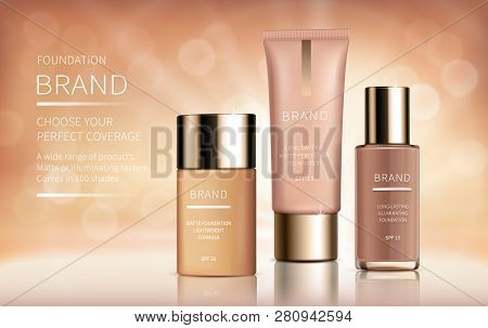 Cosmetic Realistic Vector Ads Banner With Foundation For Perfect Makeup, Decorative Cosmetics. Color