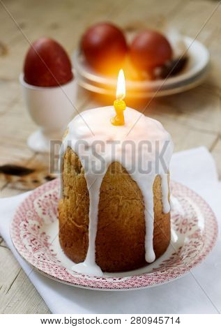Easter Composition With Easter Cake And Easter Eggs On A Wooden Background. Rustic Style.
