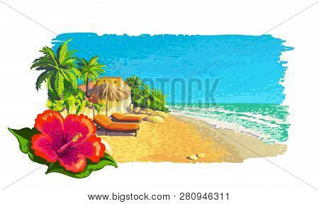 Quiet Private Sunny Tropical Beach Landscape With Palm Trees, Sunbeds, Umbrella. Vector Painting Ill