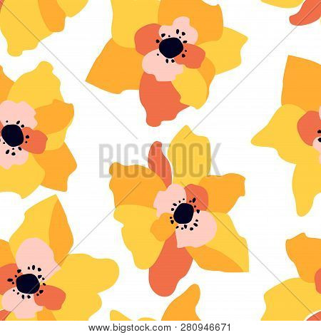 Seamless Pattern With Abstract Flowers. Bright Floral Background With A White Background.