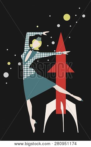 Vintage Card With Space, With Rocket And Stewardess, Vector, Can Be Used As Postcard