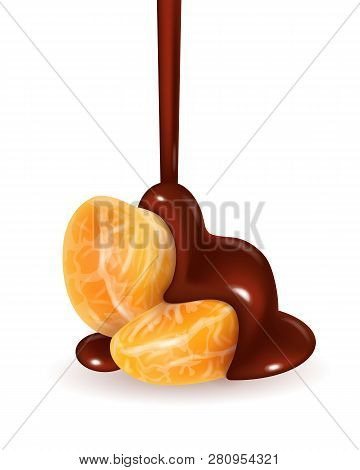 Tangerine Slices In Pouring Melted Chocolate Glaze. Mandarin Peeled Segments Covered With Liquid Dar