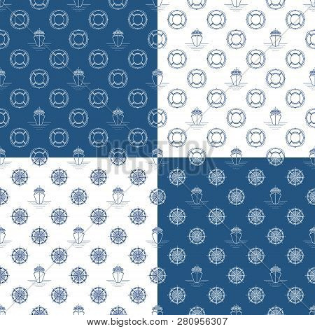 Set Of Seamless Travel Patterns With Cruise Ship , Lifebuoy And Windrose, Maritime Tourism Concept ,