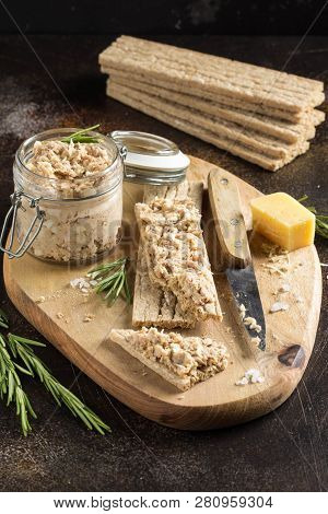 Tuna Pate With Egg, Cheese In Jar And Crispy Bread. Fish Rillette, Healthy Snack, Diet Food