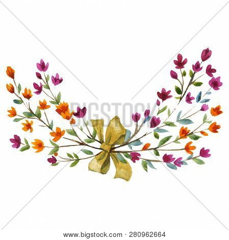 Orange And Purple Floral Botanical Flowers. Watercolor Background Set. Isolated Flower Illustration 
