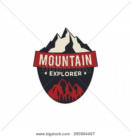 Mountain Explorer Badge. Camping Adventure Emblem In Retro Colors Style. Featuring Mountains And For