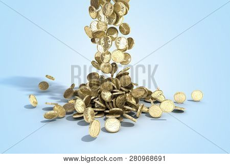 Gold Coins With Dollar Sign Fall On Graund 3d Illustration On A Blue Background