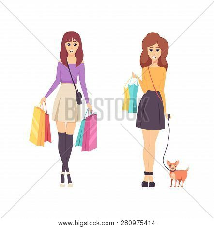 Shopping Young Women Carrying Lots Of Bags Vector. Lady Returning From Shops With Packages And Bough