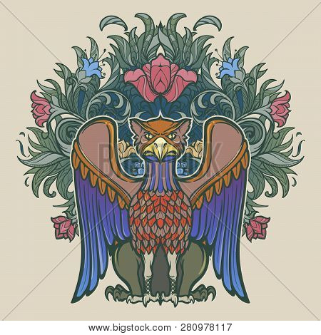 Decorative Griffin. Medieval Gothic Style Concept Art. Design Element. Hand Drawn Image Isolated On 