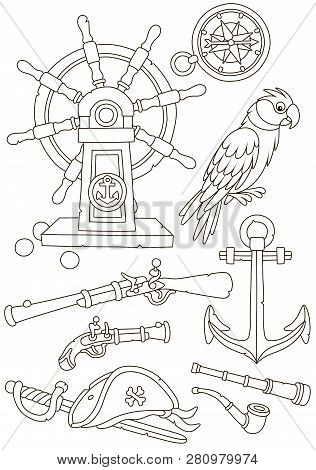 Pirate Wooden Steering-wheel, A Funny Parrot, Guns, A Compass And Other Old Weapons And Sea Things, 