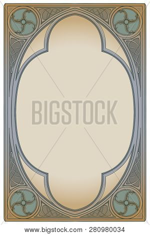 Medieval Manuscript Style Rectangular Frame. Gothic Style Pointed Arch. Vertical Orientation. Vintag