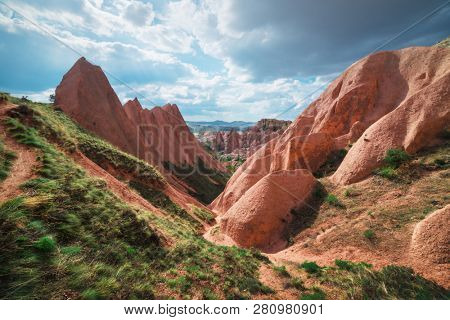 Amazing sunrise in Cappadocia mountains, Turkey. Landscape photography