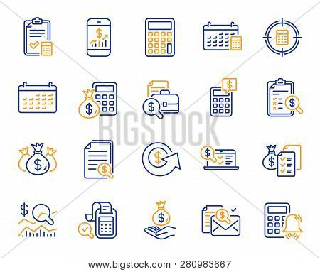Accounting Line Icons. Set Of Calculator, Check Investment And Report Icons. Calendar, Banking Accou