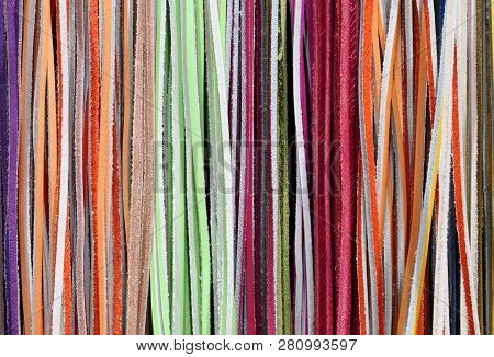 Background Of Many Colorful Leather Laces For Sale In The Tailor Shop A