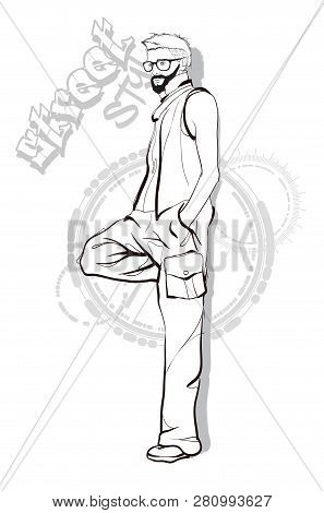 Stylish Handsome Man In Fashion Clothes. Fashion Man. Hand Drawn Male Model. Sketch. Handsome Stylis