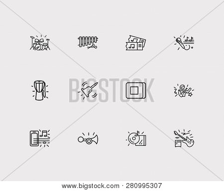 Melody Icons Set. Cd And Melody Icons With Claxon, Stop Button And Djembe. Set Of Alarm For Web App 
