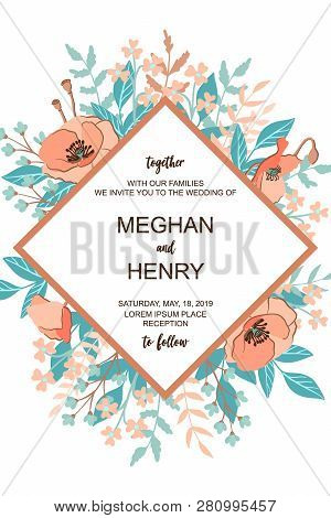 Classic And Refind Wedding Invitation Card With Flower Frame Background, Hand Drawn Floral Elements 