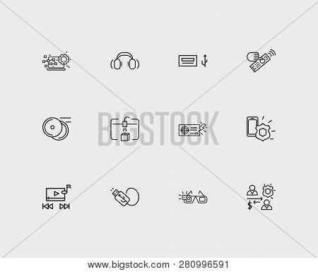 Hardware Icons Set. Steamroller And Hardware Icons With Usb Ports, Music Player And Usb Plug. Set Of