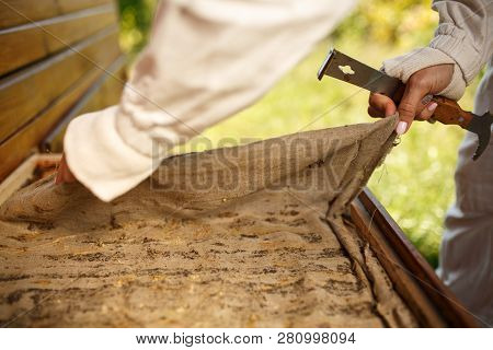 Beekeeper In Suit Is Working At Apiary. Opening Wooden Beehive. Apiculture Concept.