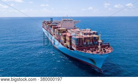 Mediterranean Sea - June 25, 2020: Maersk Hidalgo Mega Container Ship. Ulcv Fully Loaded With Freigh