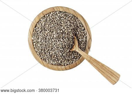 Hemp Seeds In A Plate With Spoon Isolated On White Background, Place For Text