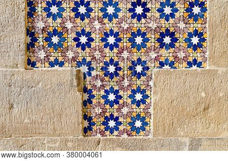 Traditional Portuguese Azulejos, Typical Tin Glazed White And Blue Ceramic Tiles Used To Decorate Wa