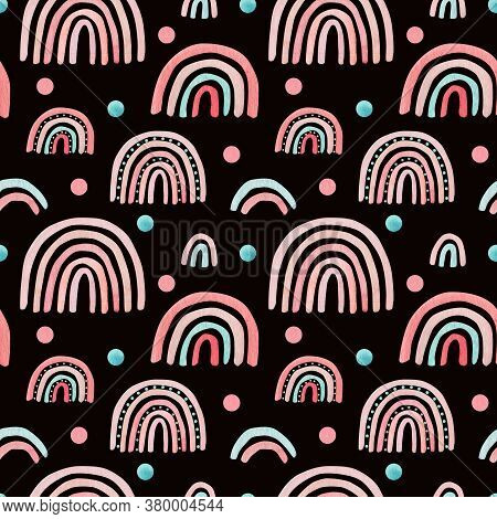 Watercolor Nursery Pink Raindow Seamless Pattern. Hand Painted Rainbows On Darck Black Background. B