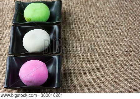 Colorful Daifuku, Japan Dessert On Wooden Plate, Moji Is Very Delicious.