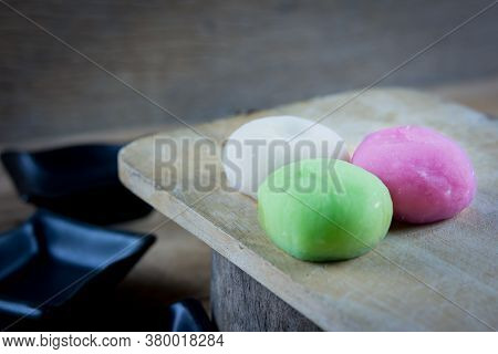 Colorful Daifuku, Japan Dessert On Wooden Plate, Moji Is Very Delicious.