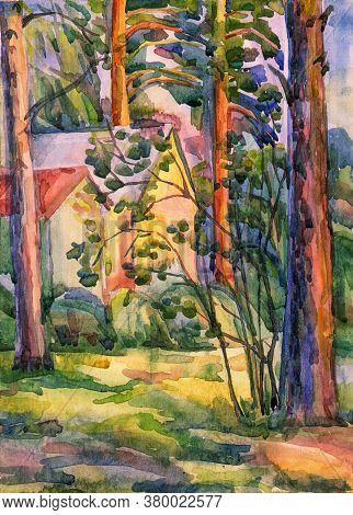 Cozy Cottages In The Woods With Spacious Territories In Sunny Summer Day. Holiday Houses In Pine For