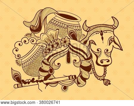 Illustration Of Lord Krishna, Cow And Dahi Handi Celebration In Happy Janmashtami Festival Of India.