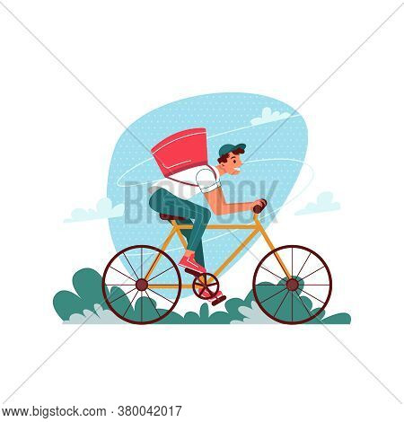 Delivery Courier On Bicycle With Parcel, Delivering Express Order, Vector Flat Cartoon Isolated. Cou