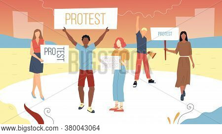 Meeting And Protest Concept. Young Male And Female Characters Came To Outspeak Their Opinion. Protes