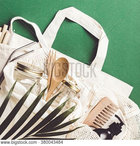 Zero Waste Concept. Cotton Bag, Bamboo Cultery, Glass Jar, Bamboo Toothbrushes, Hairbrush And Straws