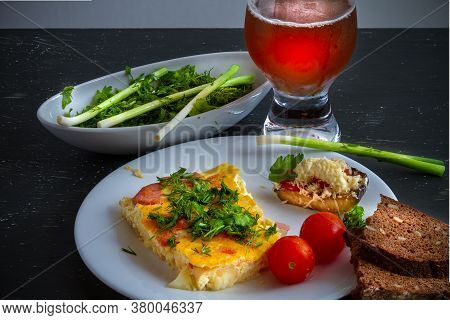 Healthy Rustic Breakfast. Fritata With Herbs, Fresh Vegetables, Bread And Bread Kvass.