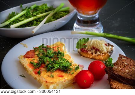 Healthy Rustic Breakfast. Fritata, Fresh Vegetables, Bread And Bread Kvass.